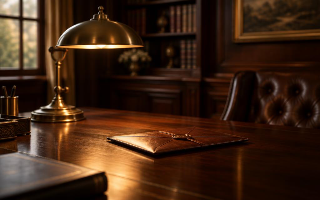 Sala de trabalho do escritório, com luminária de latão e carta de couro