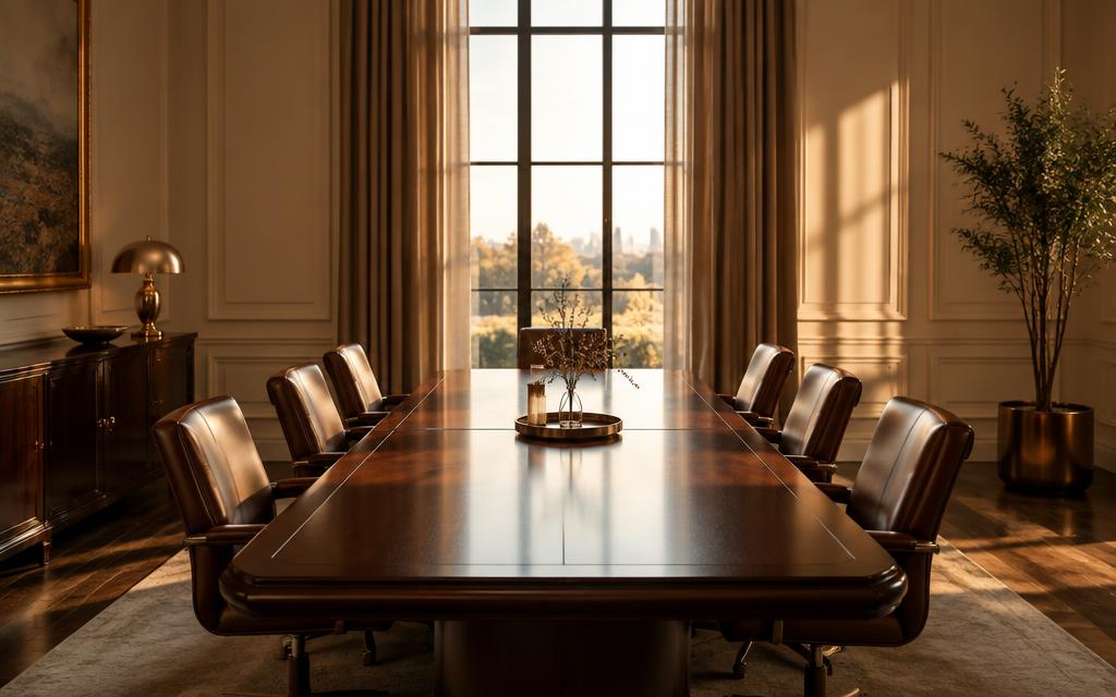 Sala de reunião reservada, com mesa de madeira escura e luz morna